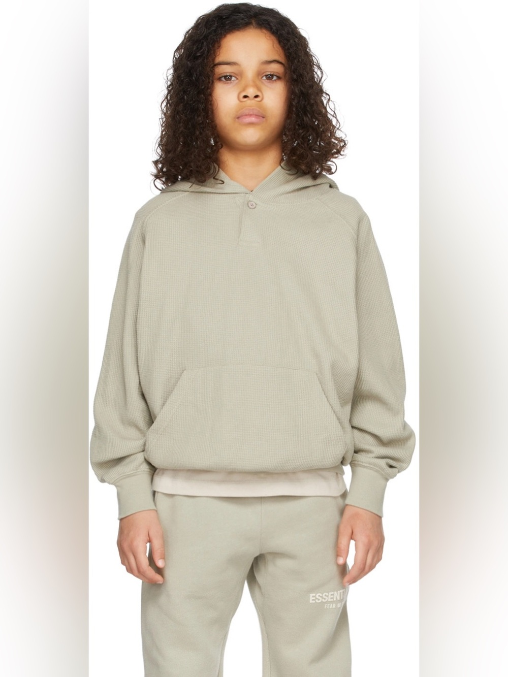 Fear of God Essentials Kids Waffle Henley Hoodie in Green Size 12